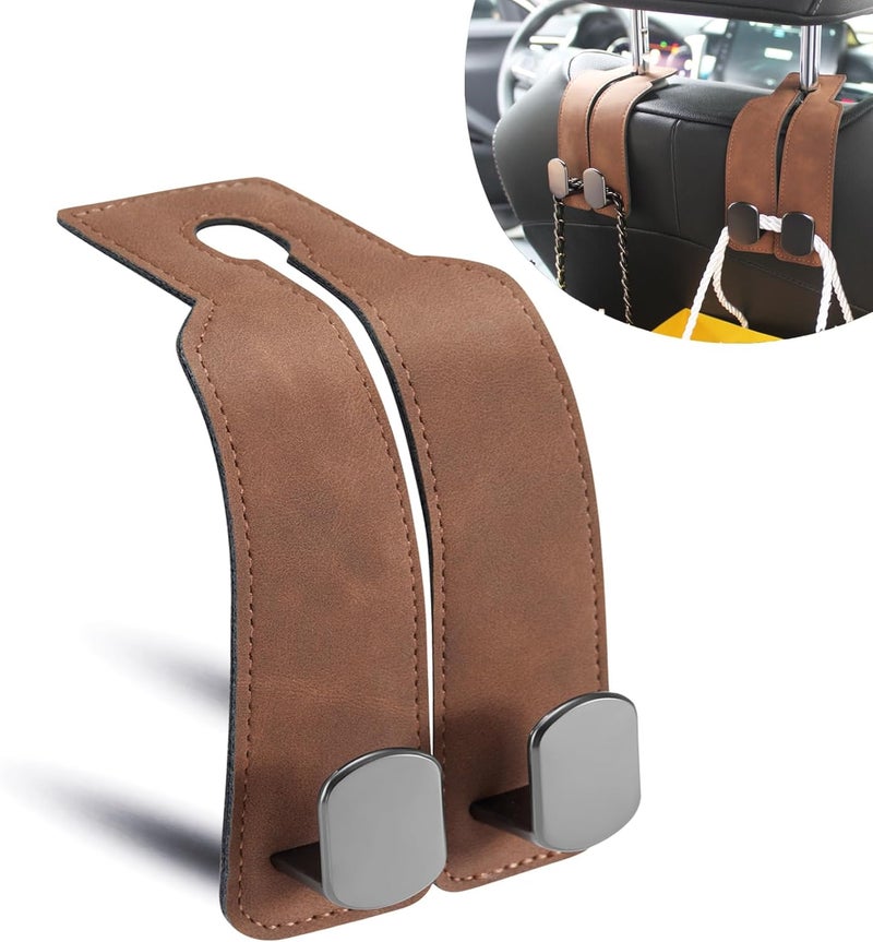DYREOOE Purse Hook for Car, Thickened Leather Sturdy Metal Car Hooks for Purses and Bags Cute - Headrest Hook for Car, Car Seat Back Storage Hook, Purse Holder for Car (Brown- 2 Pack) - Image 1